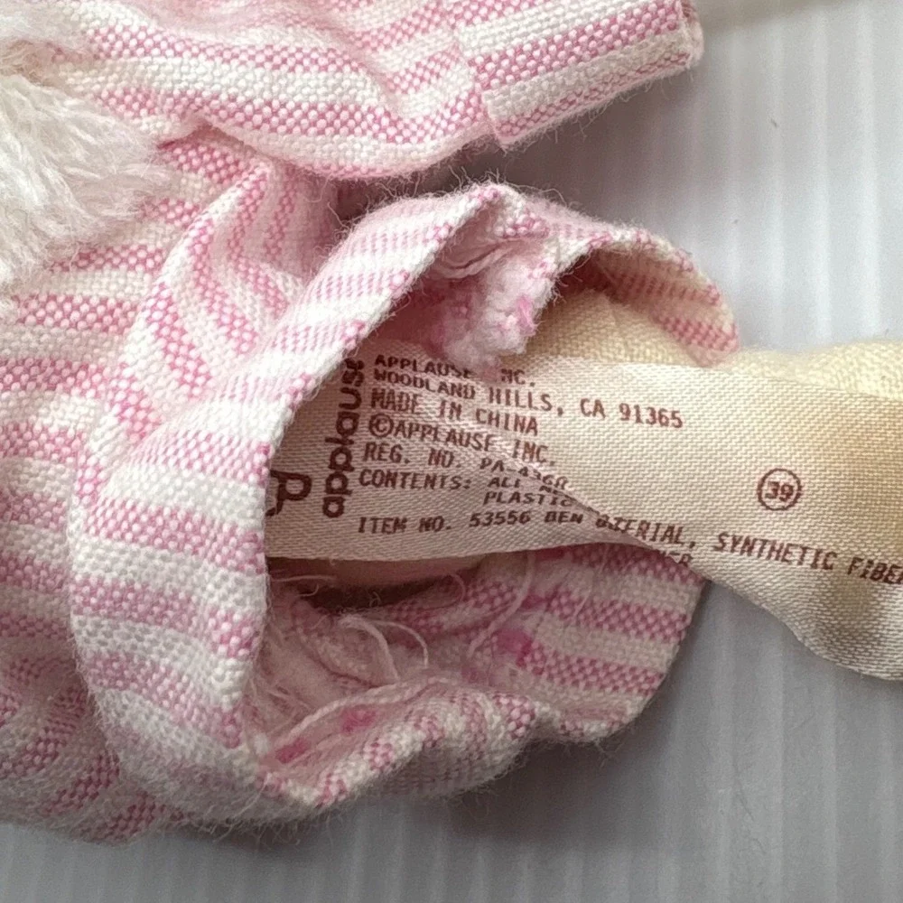 Applause Bunny Rabbit Plush Pink White Striped Overall tie Stuffed Animal Easter